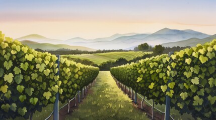 Tranquil vineyard landscape with rolling hills and a mountain backdrop.