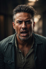 Obraz premium Digital portrait of an angry Asian man shouting, Close-up of an aggressive bearded man, Hyper realistic Portrait with Detailed Skin Texture with cinematic lightning, Generative AI