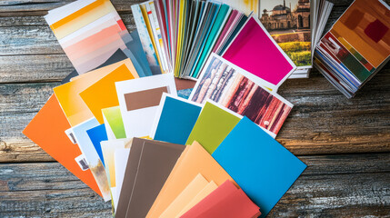An assortment of print materials like flyers, brochures, and business cards, neatly arranged on a wooden table
