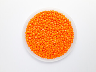 Orange masterbatch granules in a cup on a white background. Color pigment carrier polymer in the plastic industry.