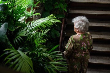 Fototapeta premium Senior lady reflects on memories as she glides up the stairs, comforted by lush indoor greenery