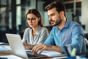 A man and a woman are working together on a laptop in an office. They are both looking at the screen, and the man is typing.