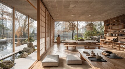 Fototapeta premium Serene minimalist interior of a modern Japanese tea house surrounded by lush greenery near a tranquil pond at dusk. Generative AI