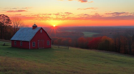 Fototapeta premium Autumn barn landscape with vibrant fall foliage scene