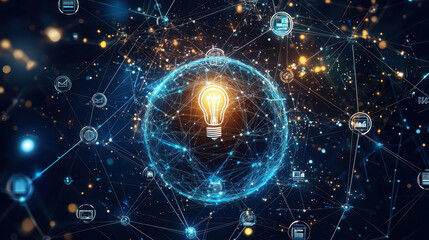 Obraz premium Abstract digital network sphere with glowing light bulb, representing innovation and connectivity in technology and ideas
