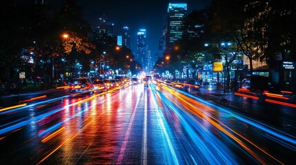 Naklejka premium Night Cityscape with Traffic Lights and Skyscrapers