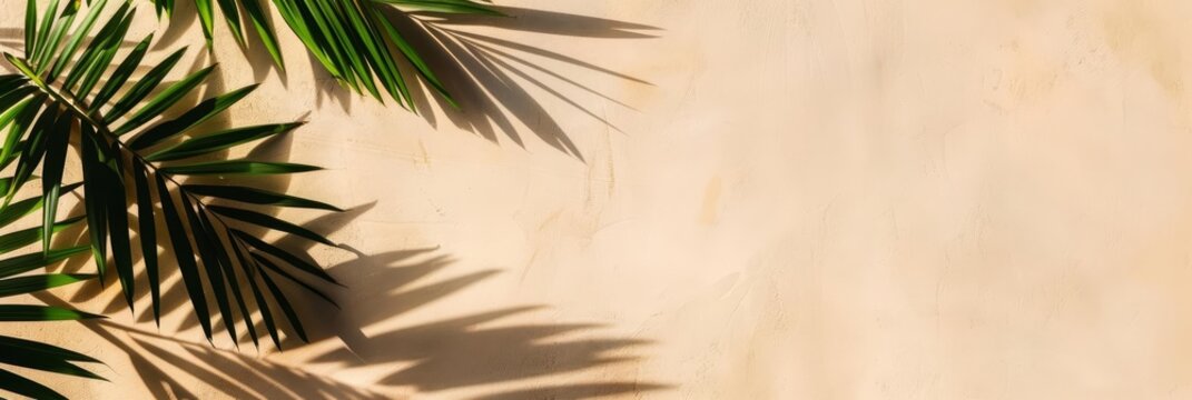 Palm leaves on beige background with copy space