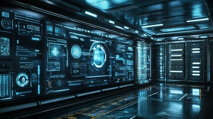 Obraz premium Digital security interface with virtual assistant, displaying server racks and holographic projections. Features mobile app development tools, digital security components,