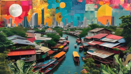 Naklejka premium Colorful Collage of Cityscape River Boats and Houses