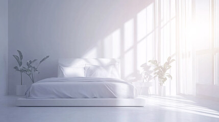 Serene minimalist bedroom with a low platform bed and natural light streaming in