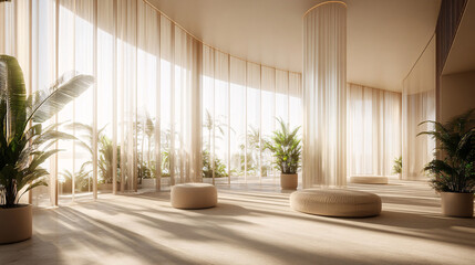 Serene space with indoor plants and minimal furniture pieces