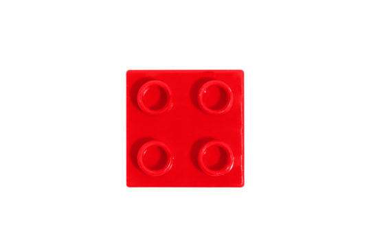 Top view square red plastic block brick toy for building constructions on blank png isolated background. Concept detail for an educational game. Image for your design