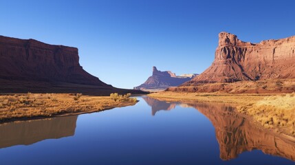 Wild West Serenity: Mesas, River, and Clear Blue Sky in Cinematic Light