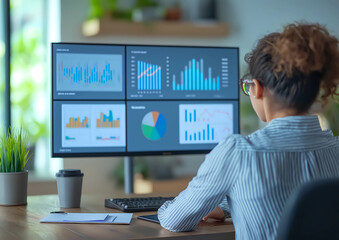Businesswoman analyzing financial data on a computer screen with graphs and charts in the office