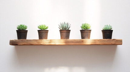 Succulent arrangement on a floating shelf in a minimalist room with white walls