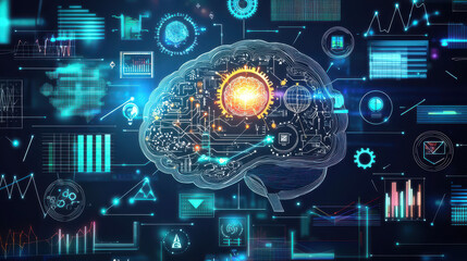 Obraz premium Digital illustration of a brain with circuitry and data analytics graphs representing artificial intelligence and technology integration
