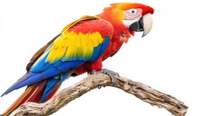Obraz premium Brightly colored scarlet macaw, perched with wings partially spread, isolated on a white background.