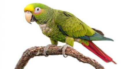 Fototapeta premium Bright green Amazon parrot with red tail feathers, perched on a branch, isolated on white.
