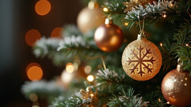 Fotorealistische Nahaufnahme eines festlich dekorierten Weihnachtsbaums mit goldener Christbaumkugel