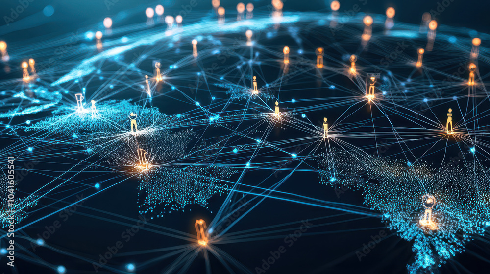 Poster digital global network represented by interconnected lines and glowing nodes with person icons acros