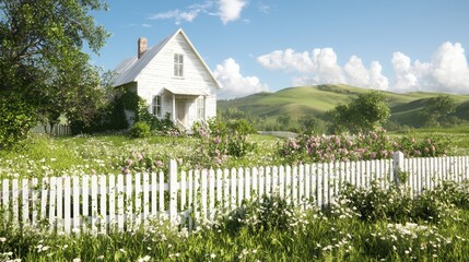 Charming Wild West Farmhouse with Blooming Gardens and Rolling Hills Under Cinematic Light
