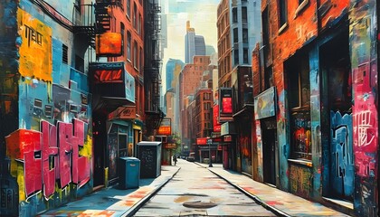 Fototapeta premium Colorful Urban Alleyway with Graffiti and Buildings