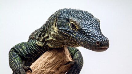 Obraz premium Green tree monitor lizard gripping a branch, its sleek body standing out against the white background.