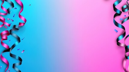 A vibrant background with a gradient of blue and pink, adorned with curling ribbons in blue and black. Perfect for celebrations like birthdays, parties, or anniversaries.
