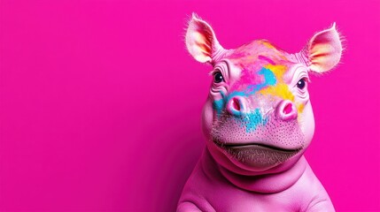 A vibrant digital illustration of a hippopotamus with a colorful paint pattern on its face, set against a hot pink background, perfect for creative projects and marketing.