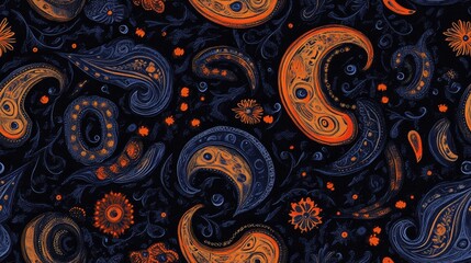 Abstract seamless colorful paisley fabric effect with ajrakh print ornament pattern on a black background