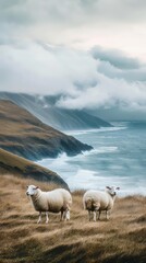 Obraz premium Two fluffy sheep peacefully grazing on a lush green clifftop with ocean views and moody clouds above, capturing nature's beauty and tranquility
