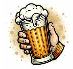 Vector illustration of a hand holding a frothy vintage beer mug with golden-yellow liquid, featuring a festival concept. Includes an Oktoberfest party invitation outline and a beer bottle icon.