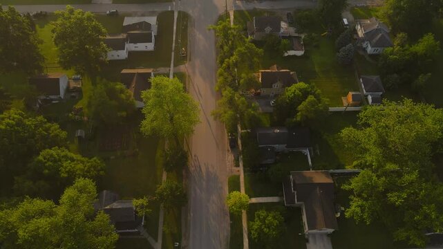 Typical American Neighborhood Street Lined with Trees and Houses at Sunset from above