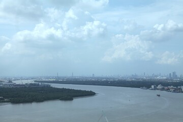 view of city and river from Samut Prakan city town skyscraper rebuild from old prison to landmark in Thailand