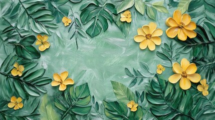 Oil painting featuring a creative arrangement of green leaves and yellow flowers in a flat lay style emphasizing a natural theme and artistic design