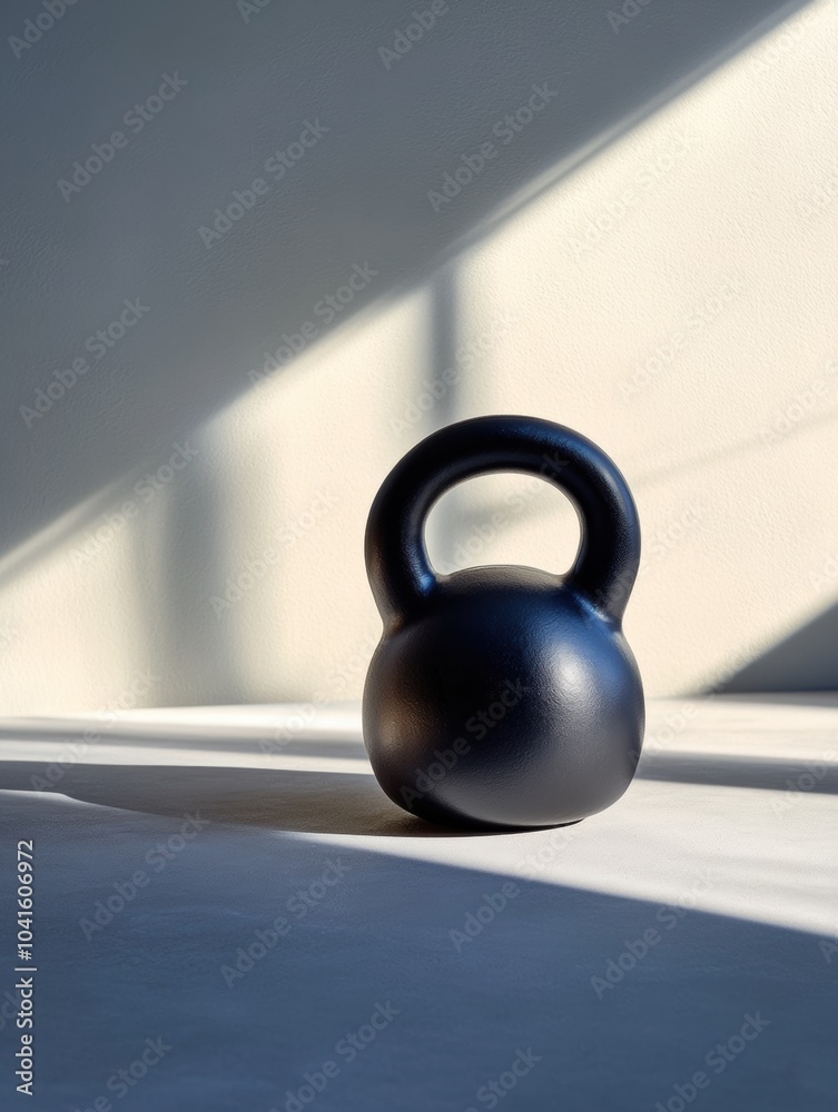Poster a black kettlebell rests alone on a surface, illuminated by natural light, creating a serene and foc