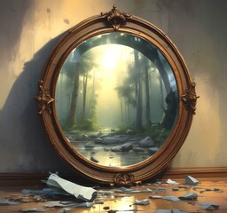 Obraz premium Illustration of mystic mirror in spooky environment.