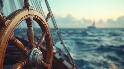 A captivating close-up of a wooden ship's wheel, with waves gently splashing in the background, embodying the spirit of adventure at sea.