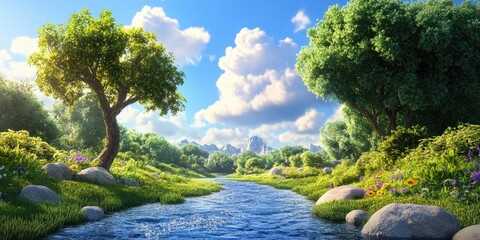 Upper river during summer vacation with warm weather, River landscape in warm summer weather