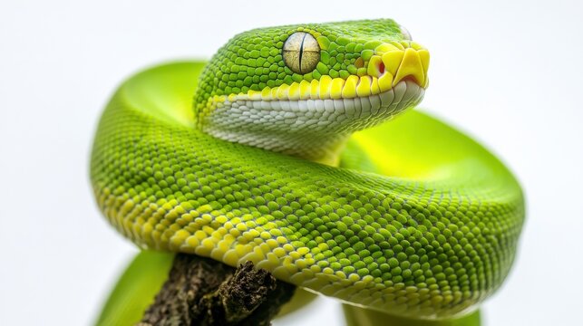 Amazon tree boa coiled up on a branch, its vivid patterns popping against the white background.