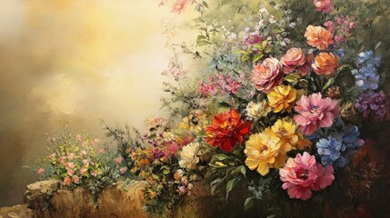 Oil painting depicting a stunning floral arrangement in a natural setting showcasing the elegance of flowers and their beauty in nature