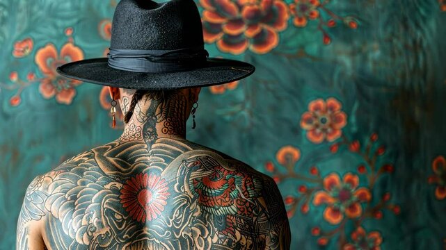 A person with a large back tattoo stands in front of a wall with a teal and orange floral pattern