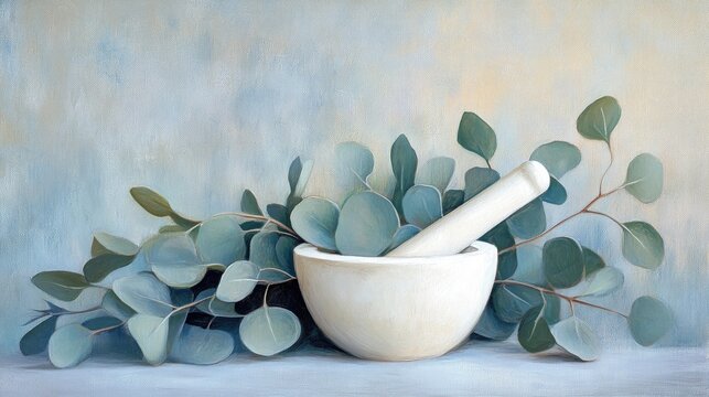 Oil painting depicting Eucalyptus leaves with a white mortar and pestle symbolizing alternative medicine natural cosmetics and beauty treatments in a spa concept