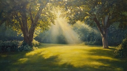 Naklejka premium Oil painting depicting sunlight breaking through in a picturesque park setting