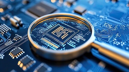 A magnifying glass hovers over a blue circuit board, representing the intricate details of data analysis and AI technology in cybersecurity