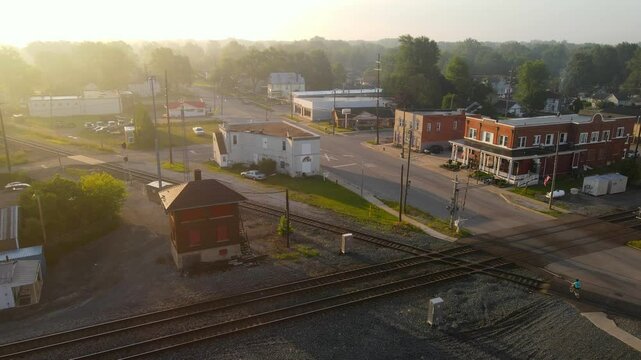 Quiet morning in a rural small town in America with empty streets on golden hour sunrise