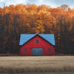 Red Barn in Serene Autumn Landscape
