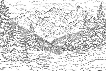 Obraz premium Coloring book illustration of snowy mountains in winter scenery