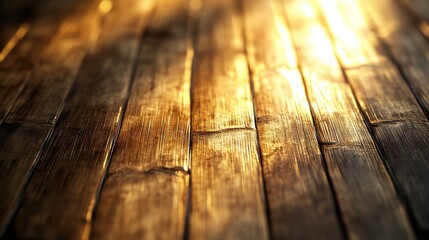 A close-up view of beautifully textured wooden floorboards, showcasing natural patterns and warm light reflections.