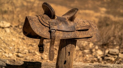 Rustic Charm: Close-Up of Intricately Tooled Leather Saddle on Wooden Fence Post in Wild West, Evoking Nostalgia and Craftsmanship, Cinematic Lighting